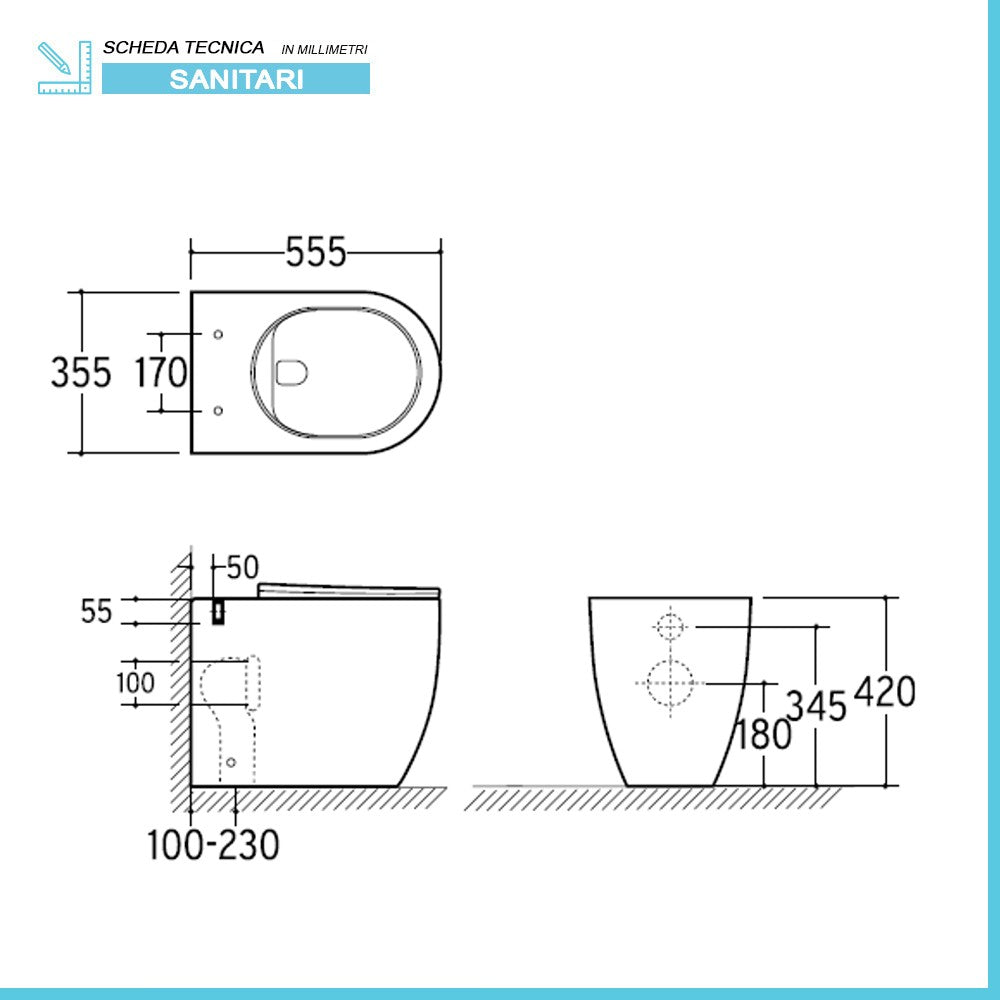 Sanitari filomuro con scarico traslato e copriwater soft-close Flan