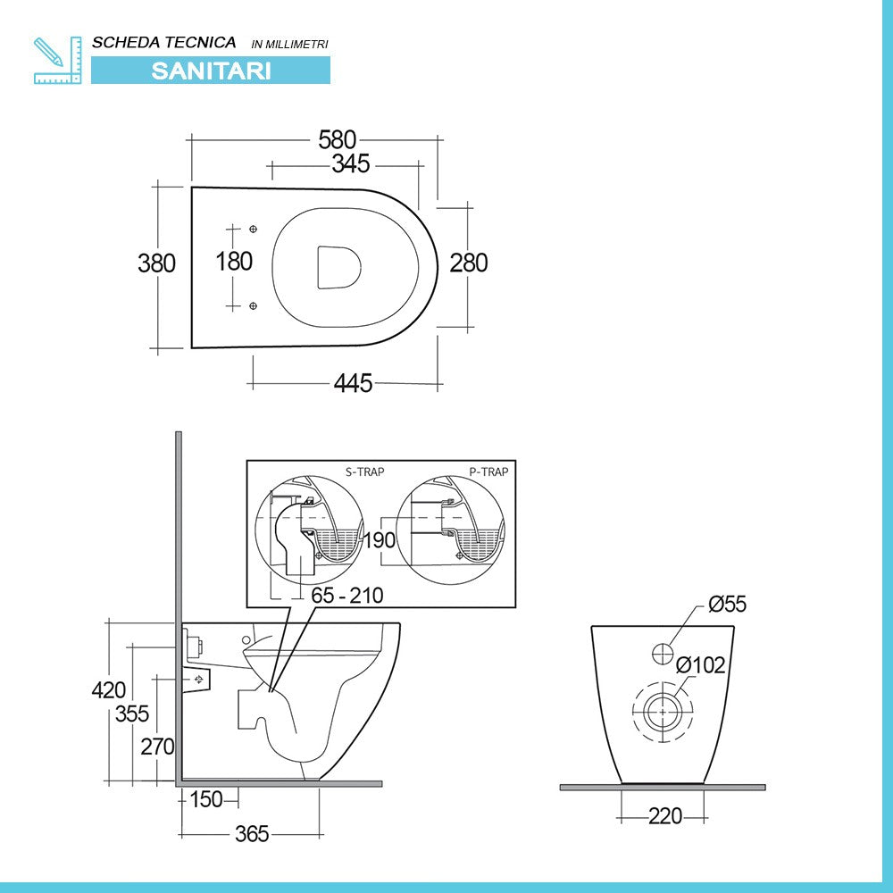 Sanitari filomuro Rak Des scarico traslato Rimless e copriwc soft-close