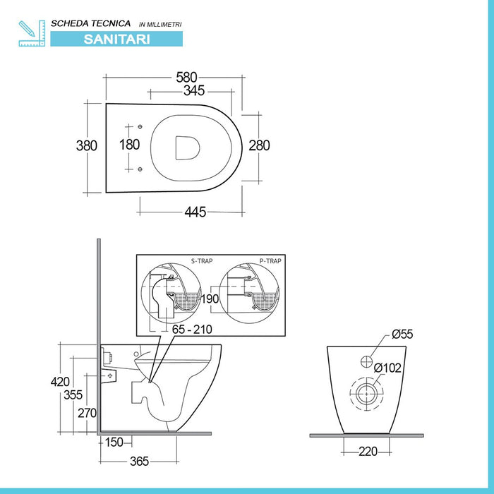 Sanitari filomuro Rak Des scarico traslato Rimless e copriwc soft-close