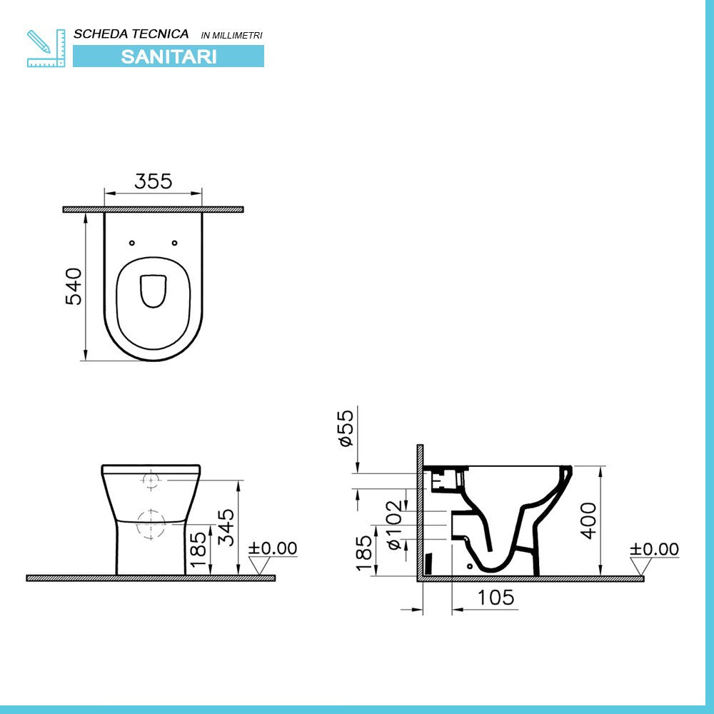 Sanitari filomuro Rimless con scarico universale e copriwater Round