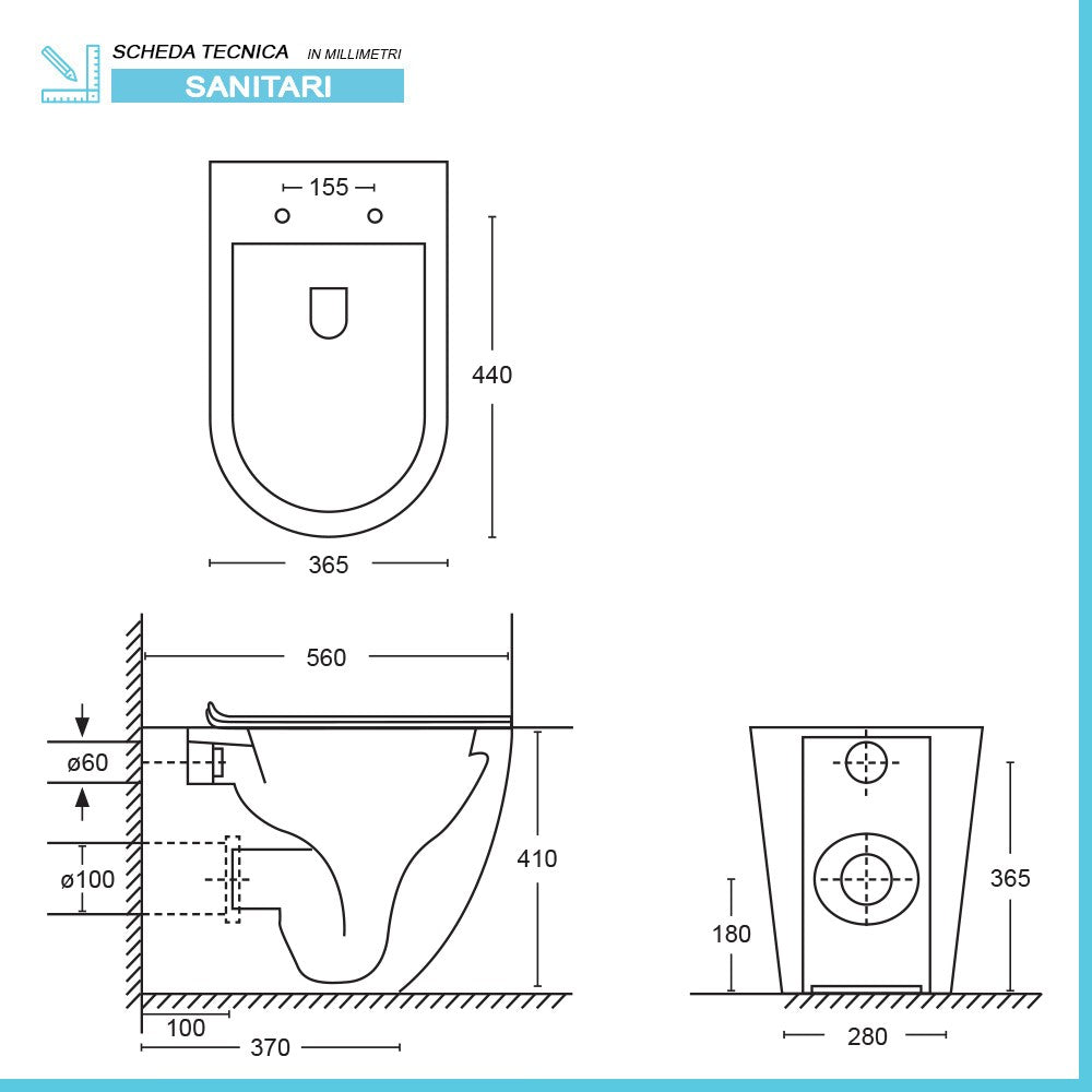 Sanitari filomuro Rimless scarico a vortice e copriwc soft-close Tao