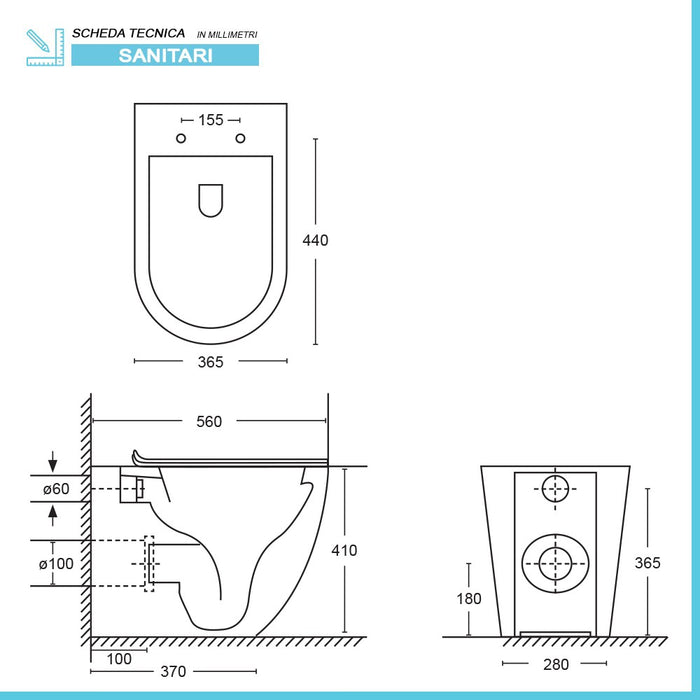 Sanitari filomuro Rimless scarico a vortice e copriwc soft-close Tao