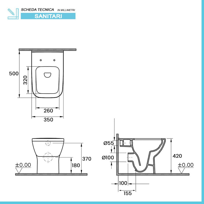 Sanitari filomuro senza brida bianco lucido con sedile soft-close | Plana