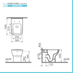 Sanitari filomuro senza brida Rimless scarico universale e copriwc Square