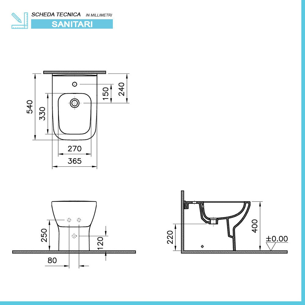 Sanitari filomuro senza brida Rimless scarico universale e copriwc Square