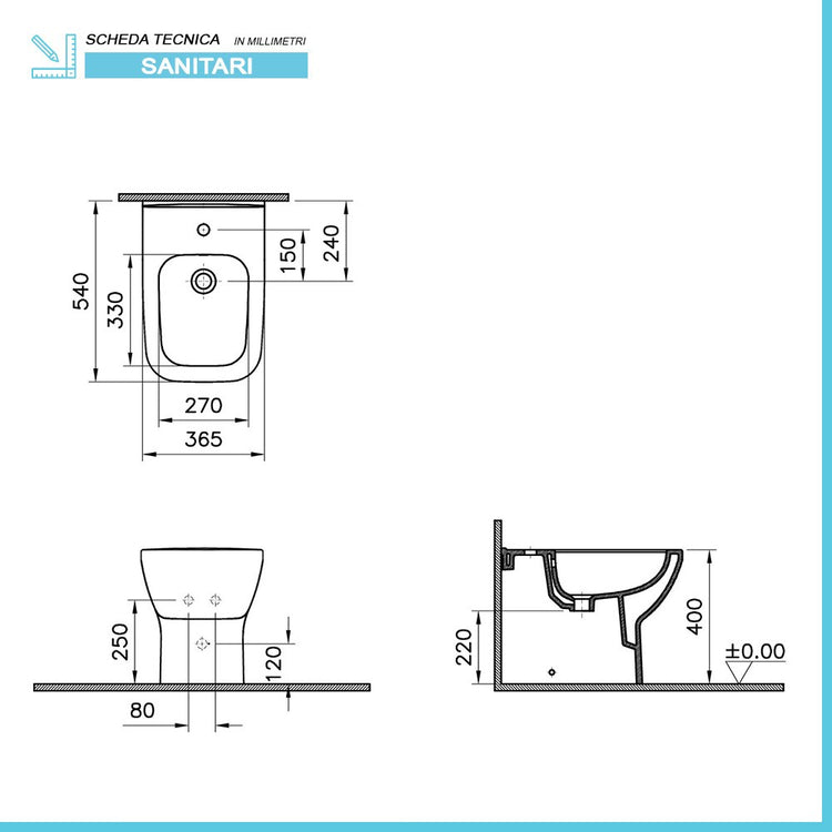 Sanitari filomuro senza brida Rimless scarico universale e copriwc Square