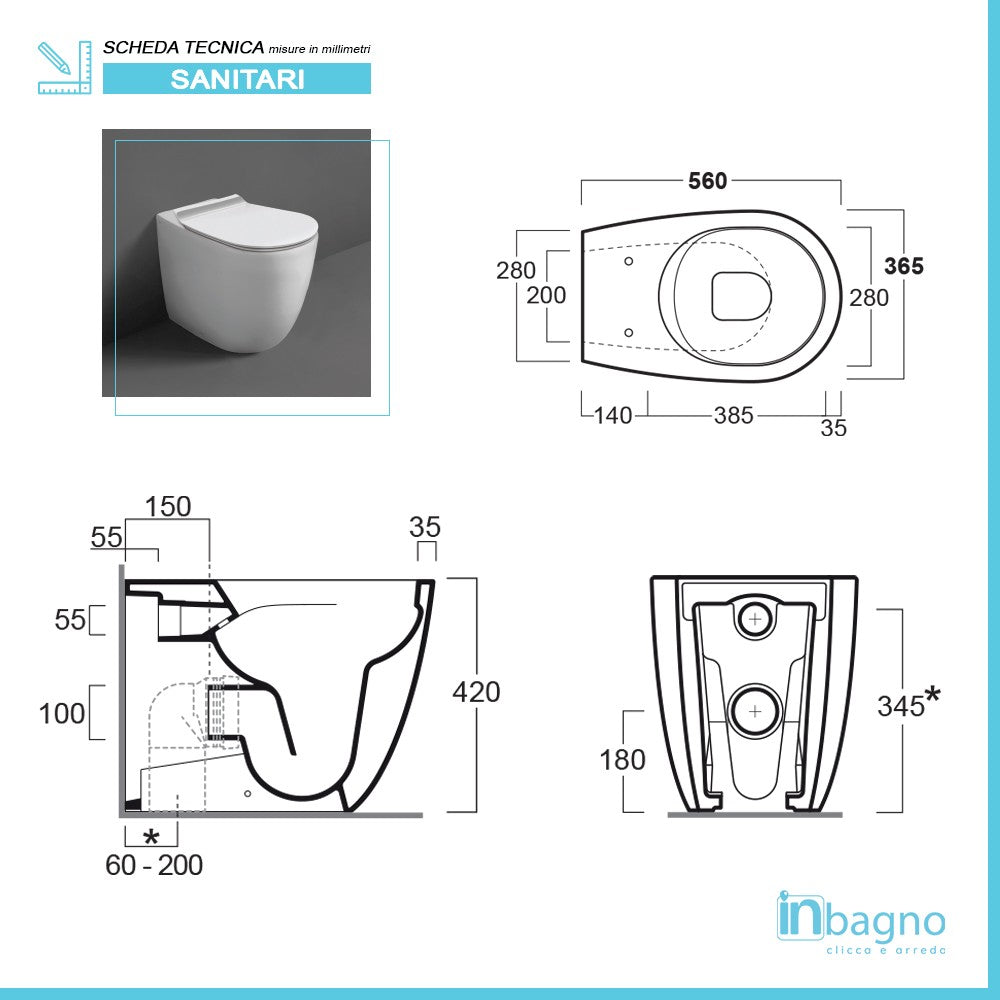 Sanitari Filomuro Rimless Simas Vignoni con sedile soft-close traslato