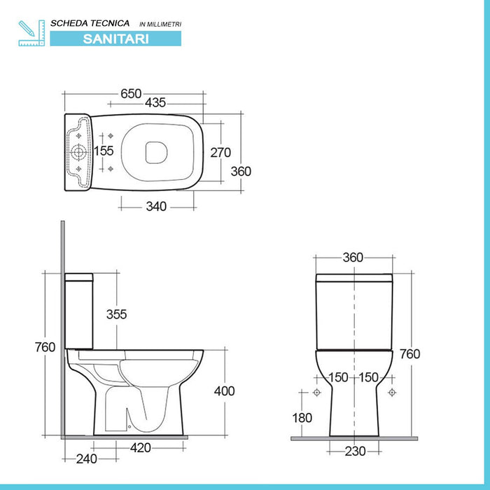 Sanitari monoblocco con scarico a terra bidet filomuro e copriwc Origin 