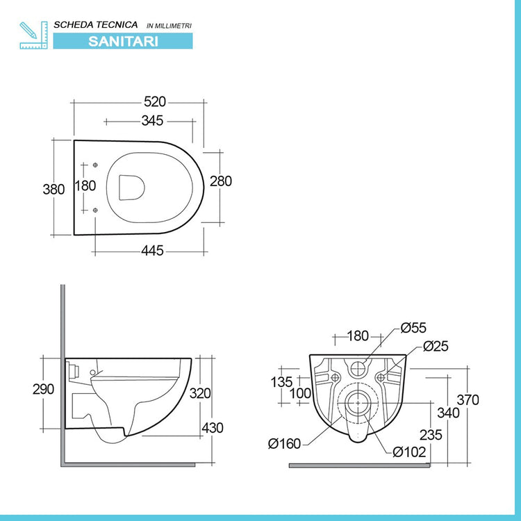 Sanitari sospesi Rak Des scarico a parete Rimless e copriwc soft-close