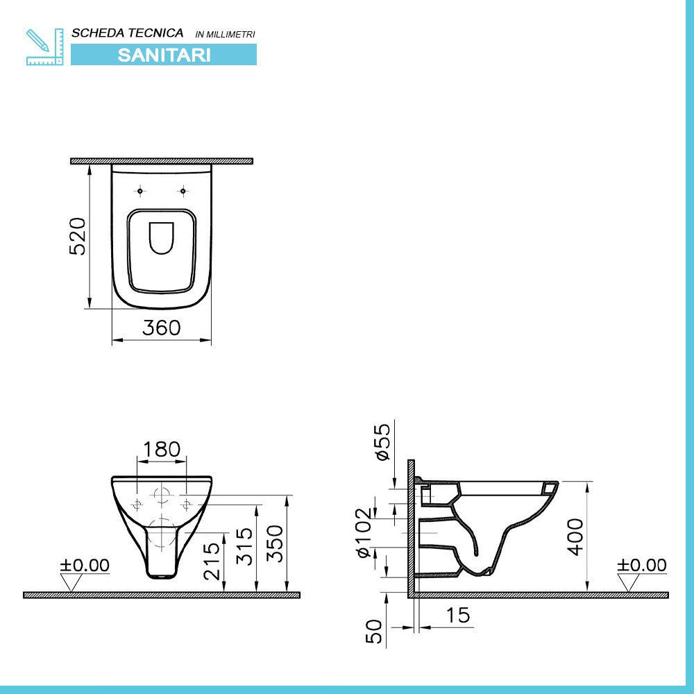 Sanitari sospesi Rimless in ceramica lucido e copriwc originale Venti