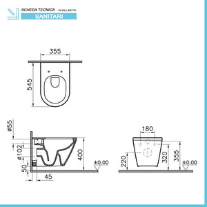 Sanitari sospesi Rimless in ceramica lucida con copriwc originale Round