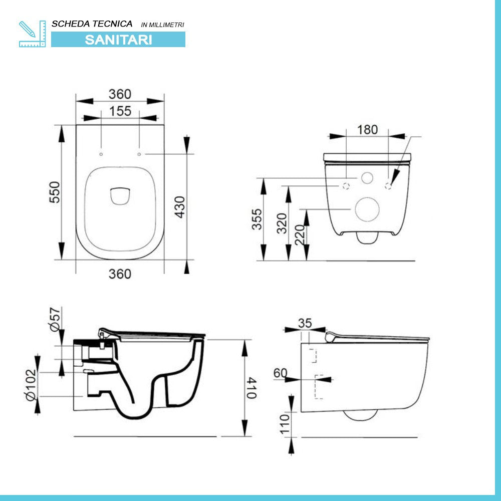 Sanitari sospesi Rimless Mirto scarico a parete e sedile soft close