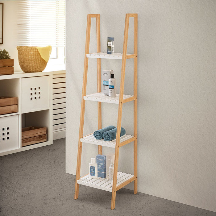 Scaffale per bagno a scala in legno bamboo bianco 4 ripiani Tahiti