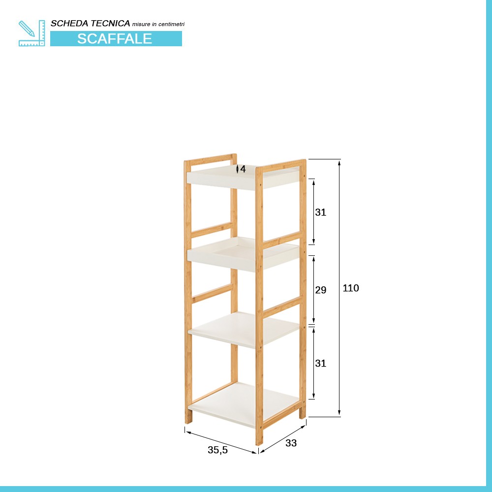 Scaffale per bagno in legno bamboo bianco 4 mensole Tahiti