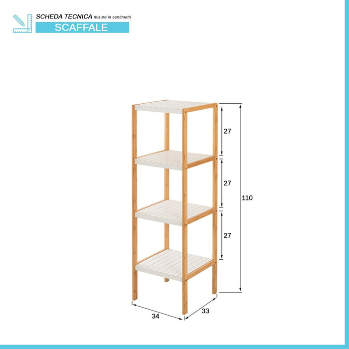 Scaffale per bagno in legno bamboo bianco 4 ripiani Tahiti