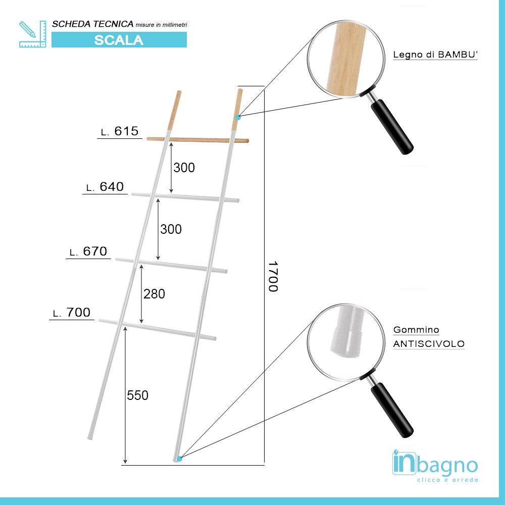 Scala Porta Asciugamani Moderna in Acciaio Bianco con Inserti in Legno H 170 cm