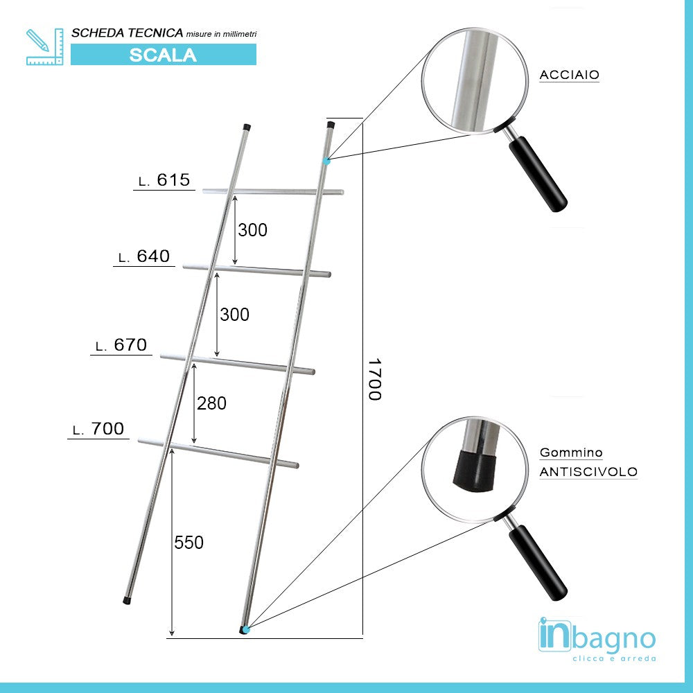 Scala Portasciugamani in Acciaio Cromo h. 170 cm Moderna