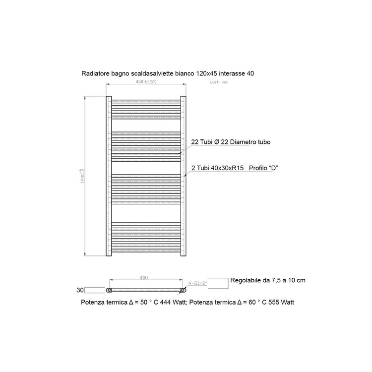 Scaldasalviette bianco 1200x450 interasse 400 mm