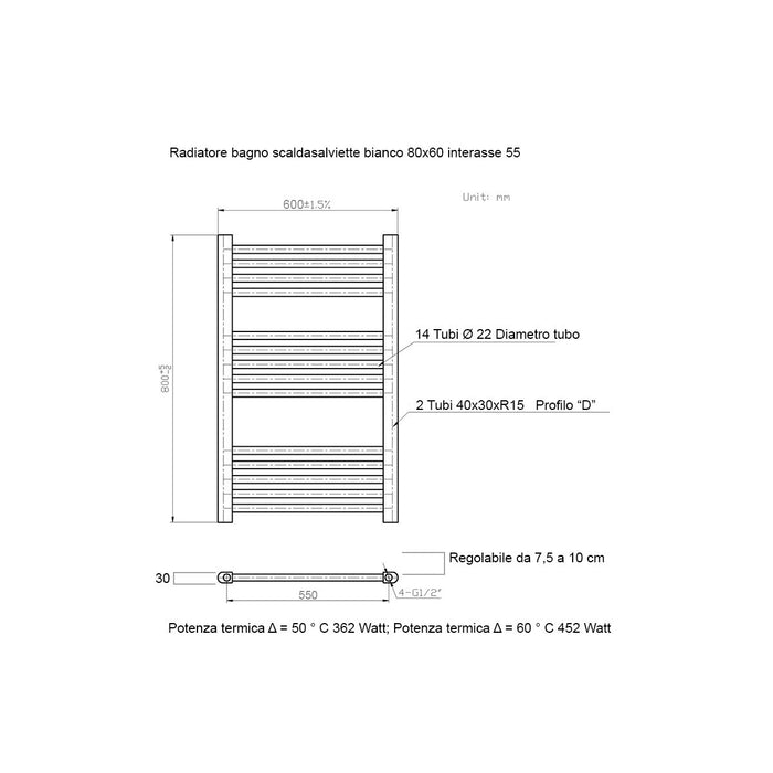 Scaldasalviette bianco 800x600 interasse 550 mm
