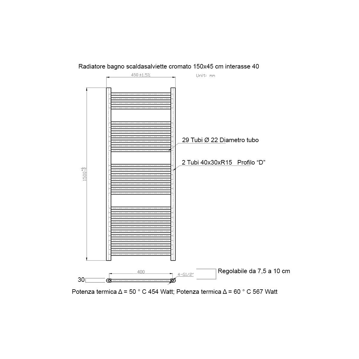 Scaldasalviette cromato 1500x450 interasse 400mm