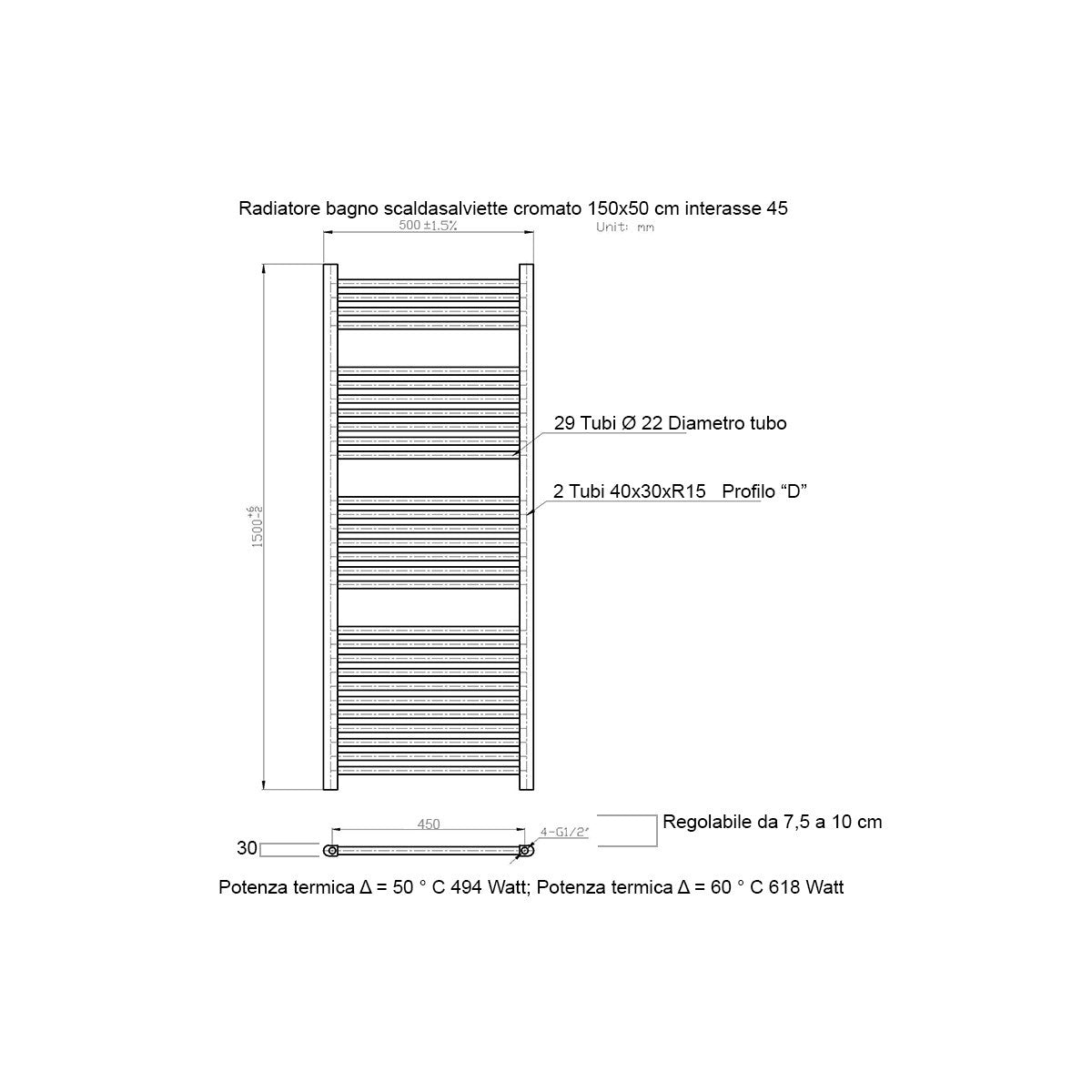 Scaldasalviette cromato 1500x500 interasse 450mm