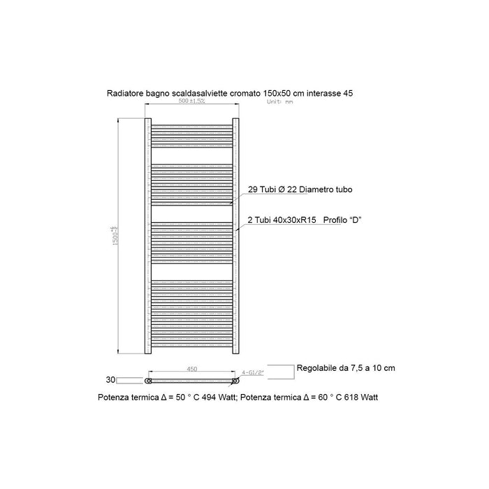 Scaldasalviette cromato 1500x500 interasse 450mm