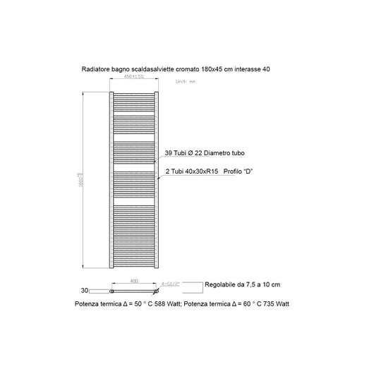Scaldasalviette cromato 1800x450 interasse 400mm
