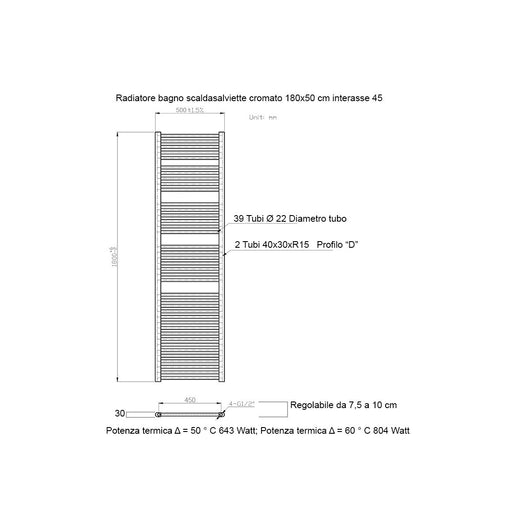 Scaldasalviette cromato 1800x500 interasse 450mm