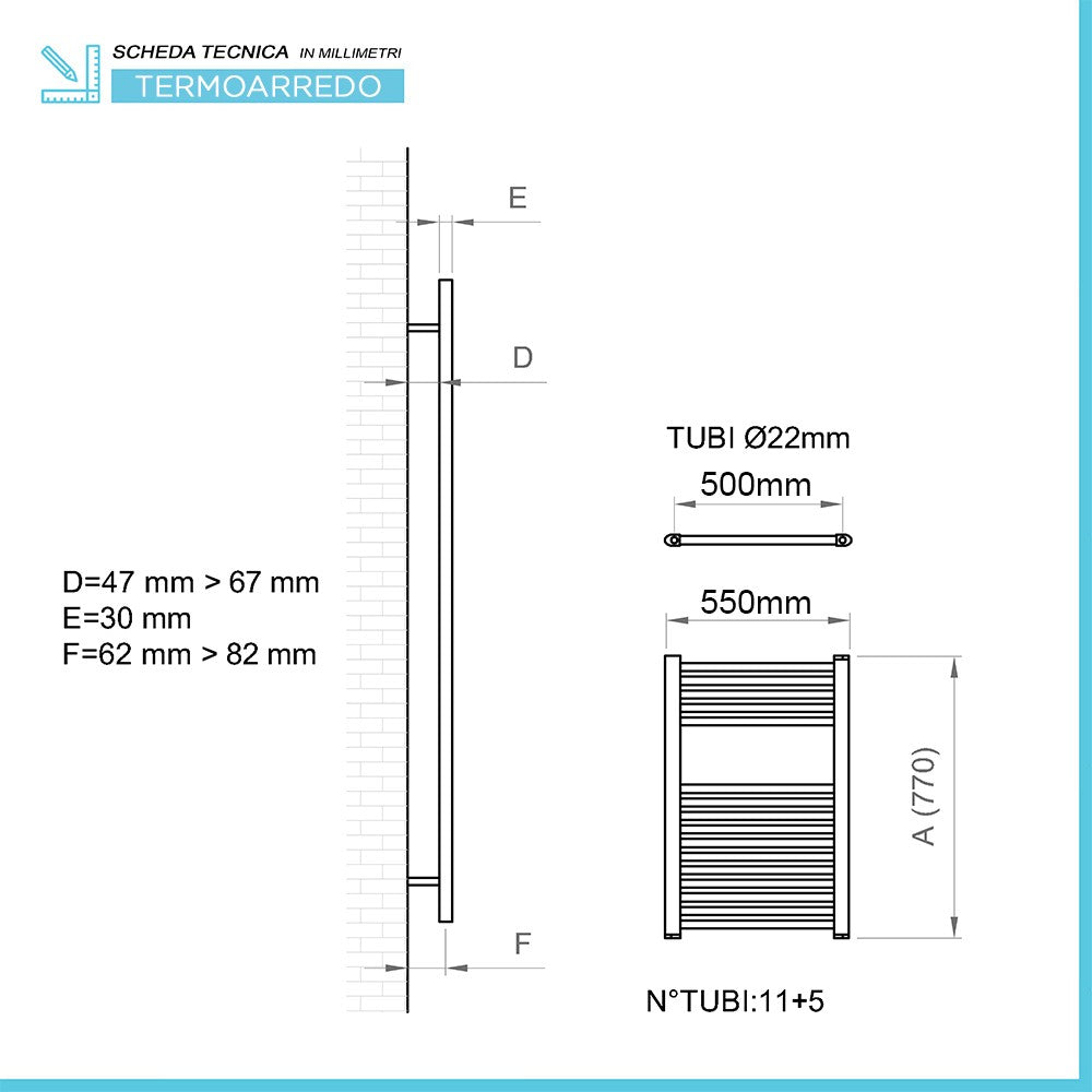 Scaldasalviette termoarredo bagno L 55x77 interasse 50 cm