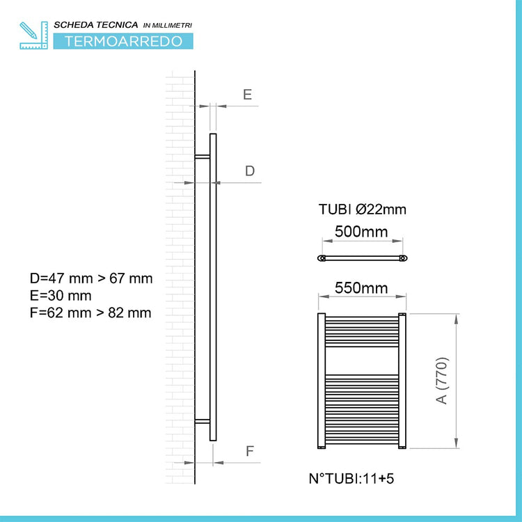 Scaldasalviette termoarredo bagno L 55x77 interasse 50 cm