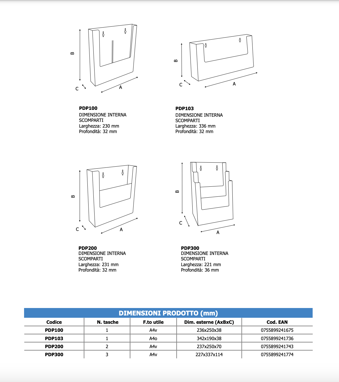 Portadepliant da parete 2 tasche A4 Verticale