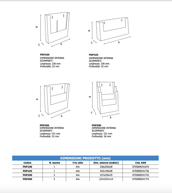 Portadepliant da parete 2 tasche A4 Verticale