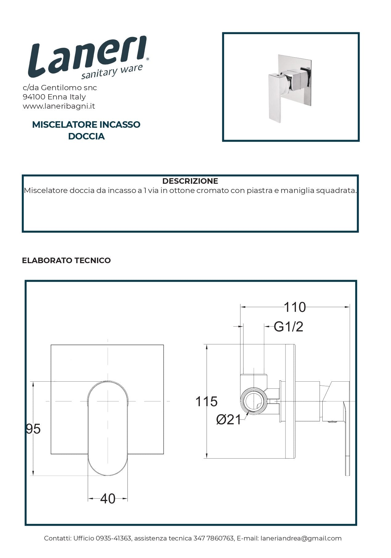 Set Rubinetteria Per Bagno da design squadrata moderna con piletta click clack inclusa -  INCASSO DOCCIA MISCELATORE