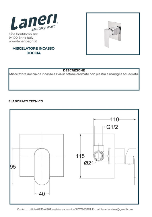 Set Rubinetteria Per Bagno da design squadrata moderna con piletta click clack inclusa -  INCASSO DOCCIA MISCELATORE