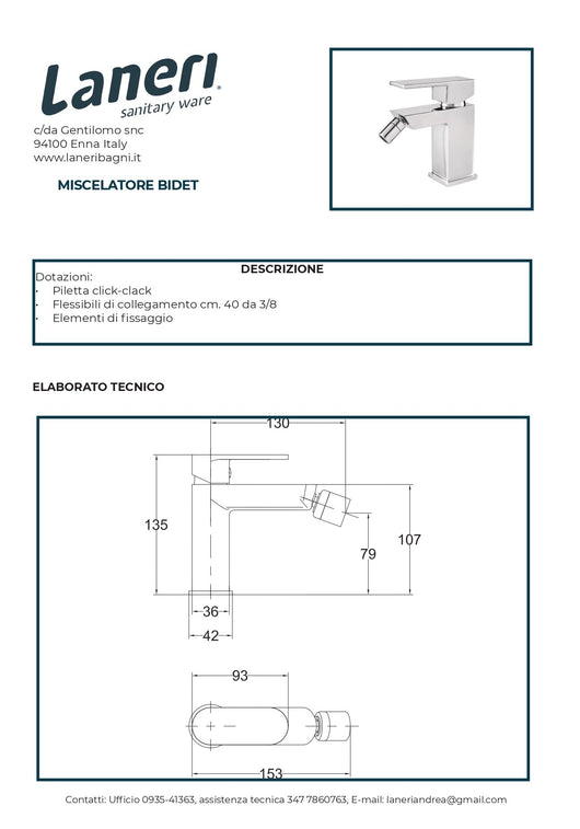 Set Rubinetteria Per Bagno da design squadrata moderna con piletta click clack inclusa -  BIDET MISCELATORE 