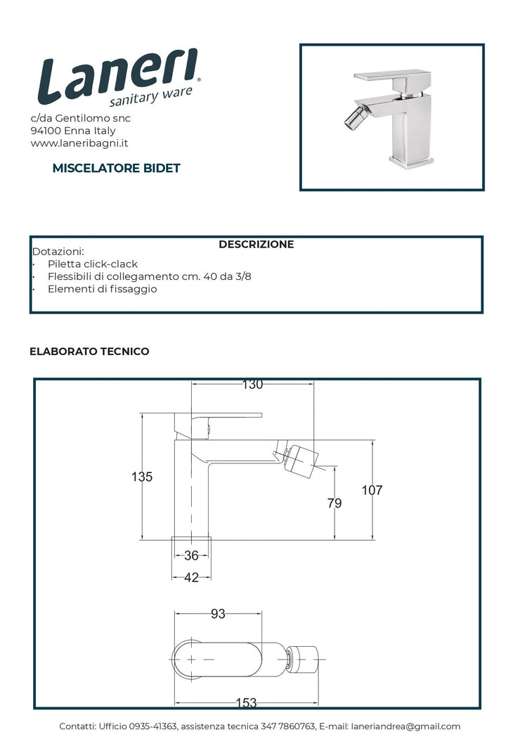 Set Rubinetteria Per Bagno da design squadrata moderna con piletta click clack inclusa -  BIDET MISCELATORE 