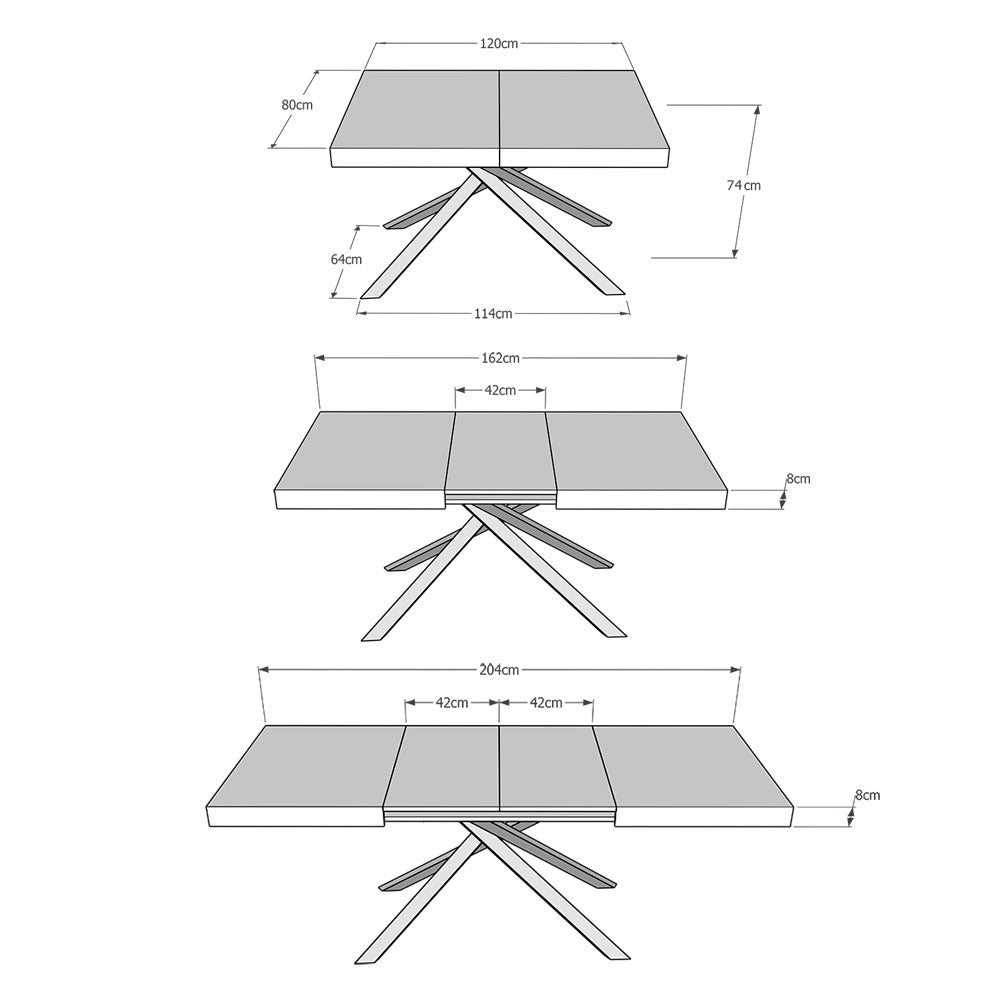 Tavolo allungabile 80x120/204 cm Karida cemento gambe bianche