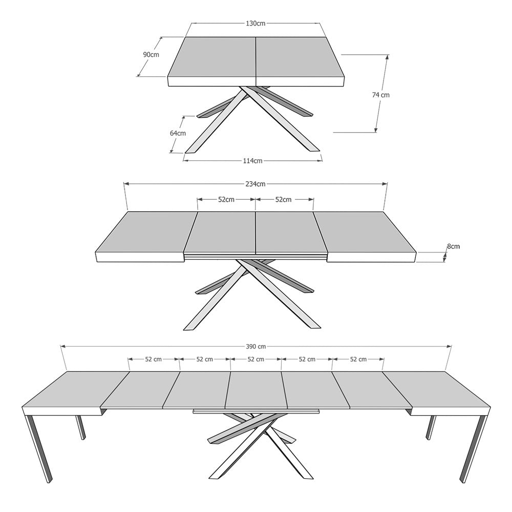 Tavolo allungabile 90x130/390 cm Karida cemento gambe bianche