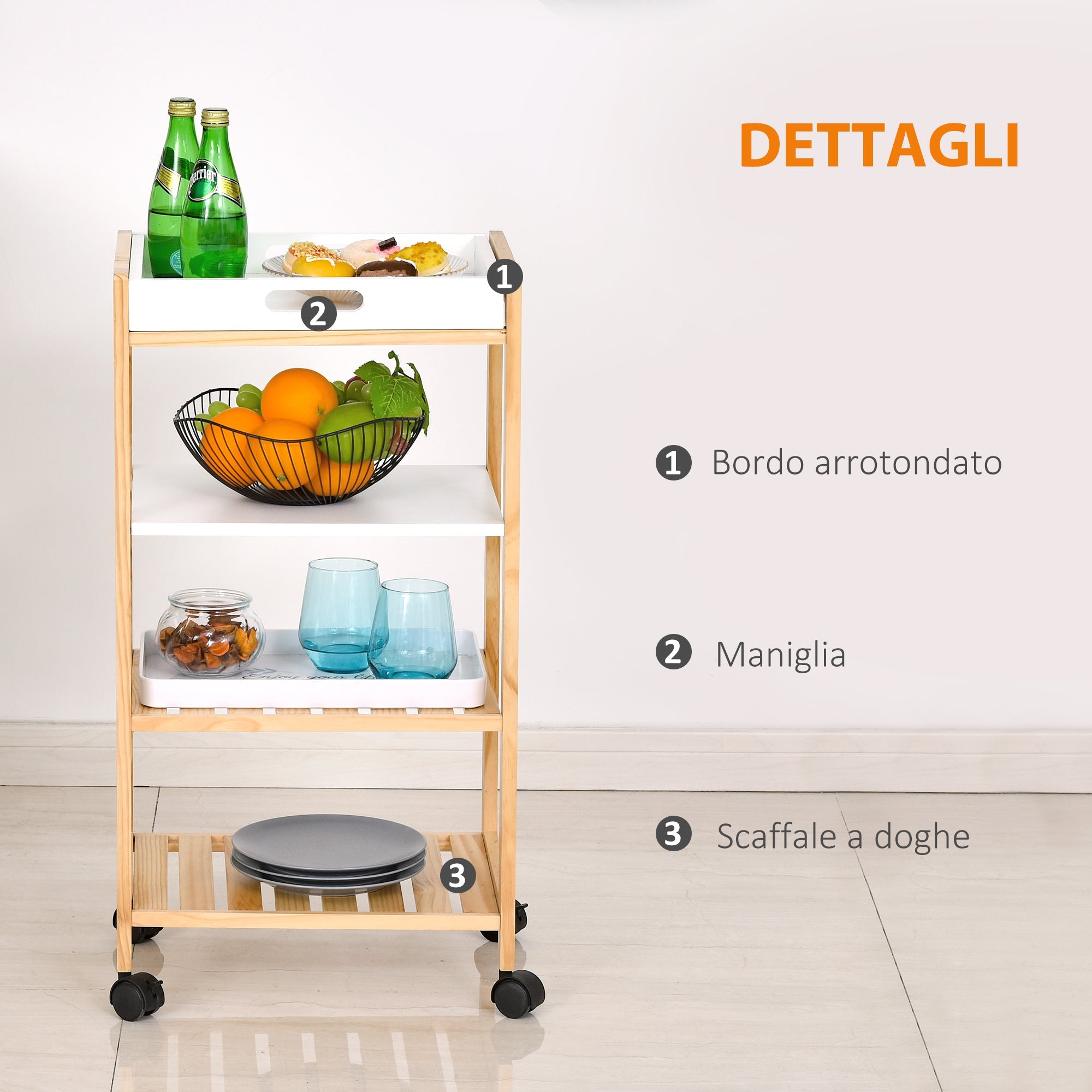 Carrello da Cucina 40x30x76 cm in MDF e Legno di Pino Bianco e Marrone