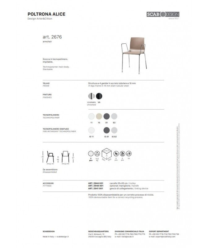 Sedia Alice - Set Da 2 - Con Braccioli Tecnopolimero E Acciaio Made In Italy Scab Design - Tortora 15