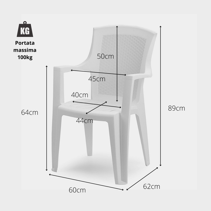 Sedia da giardino set 6 sedie in plastica effetto rattan con schienale alto e braccioli impilabili colore bianco Tomaino