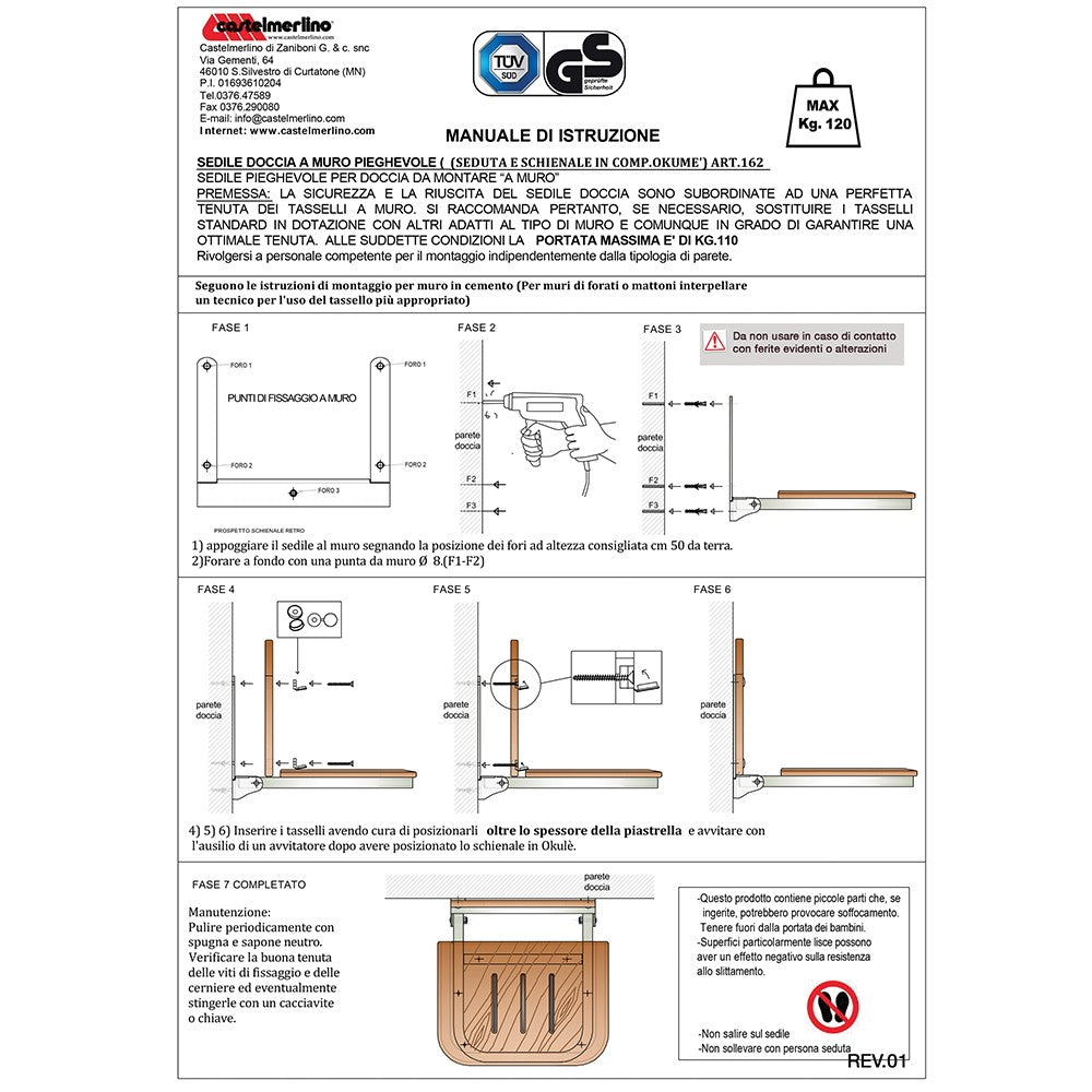 Sedile Doccia a Muro Pieghevole 30 x 35 Struttura in Acciaio e Seduta in Legno Massello.