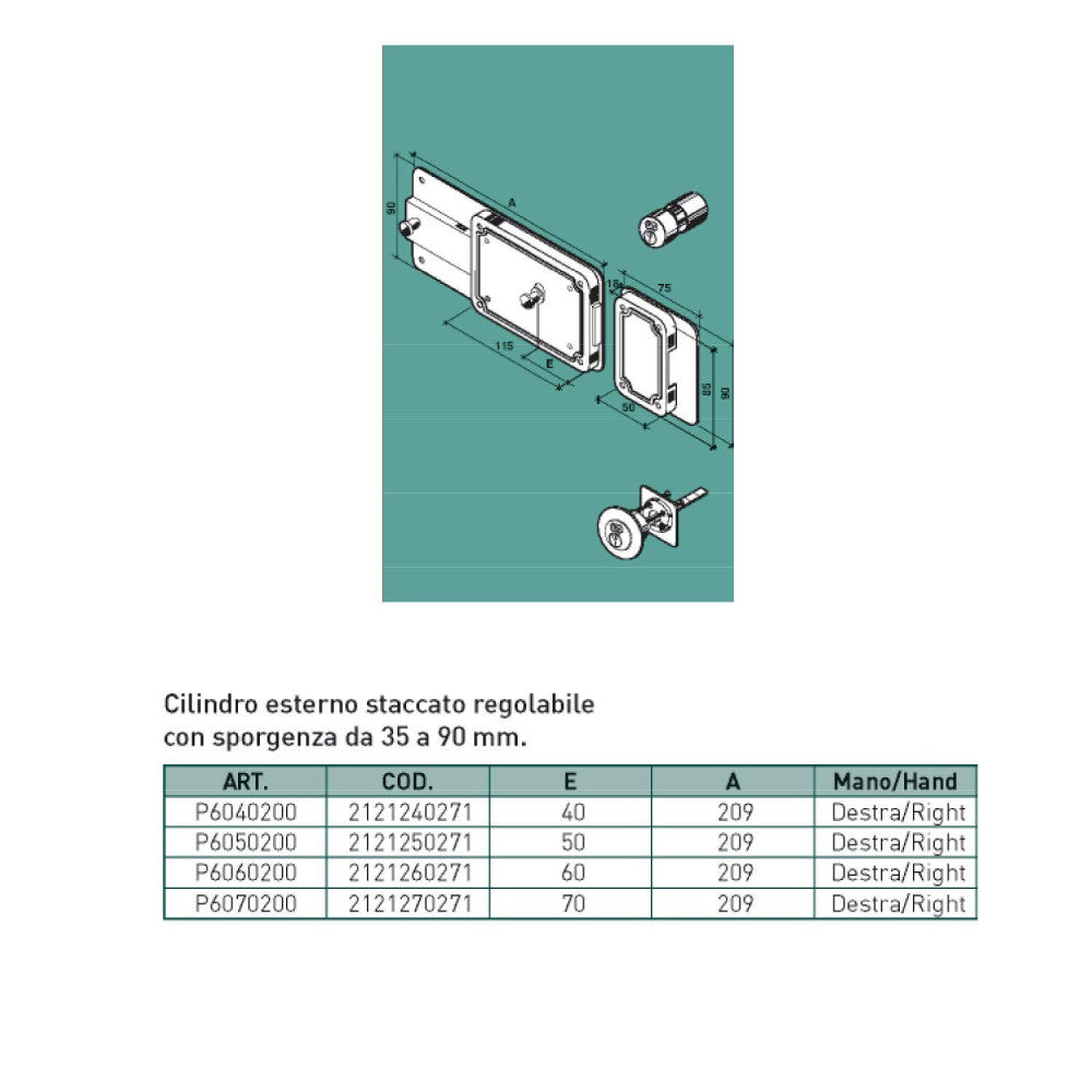 Serratura a spingere destra 60mm ferroglietto cilindro staccato 6 mandate senza scrocco