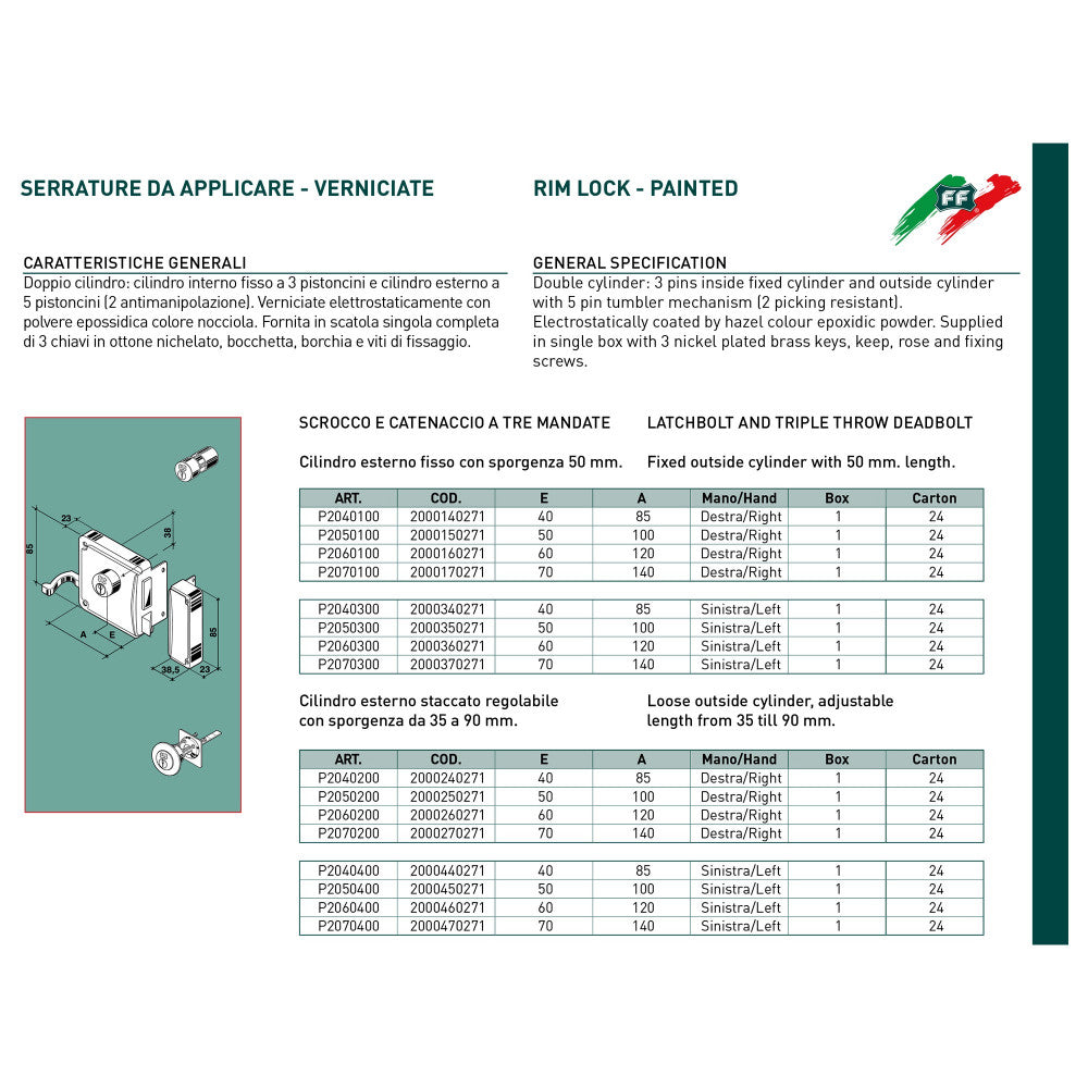 Serratura corta a spingere sinistra 50mm ferroglietto cilindro fisso a 3 mandate