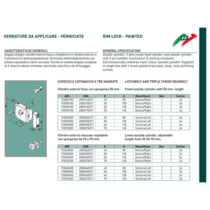 Serratura corta a spingere sinistra 50mm ferroglietto cilindro fisso a 3 mandate