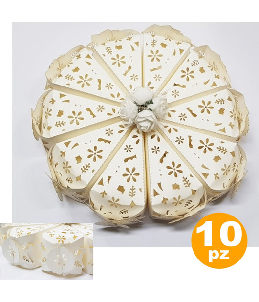 Set 10 Bomboniere Scatolina Spicchio Torta Bianco Fiore Portaconfetti Matrimonio         