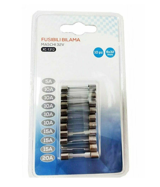 Set 10pz Fusibili Bilama Maschi In Vetro Assortiti 12/32v 5a/10a/15a/20a Xc-1312         