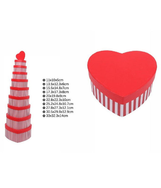 Set 10pz Scatole Box Regali Varie Misure Matrioska Forma Cuore Rosso Righe 71955         