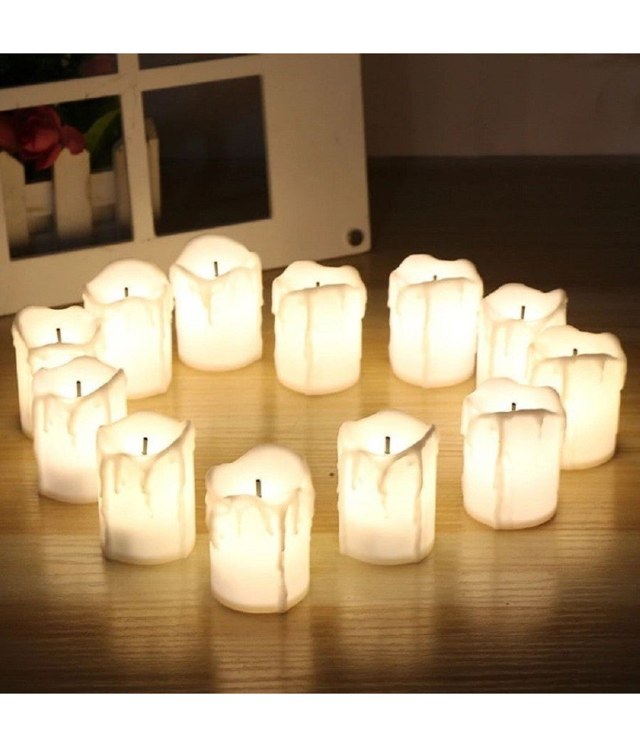 Set 12 Candele In Finta Cera Con Luce Led Effetto Fiamma Lumini Per Decorazione         