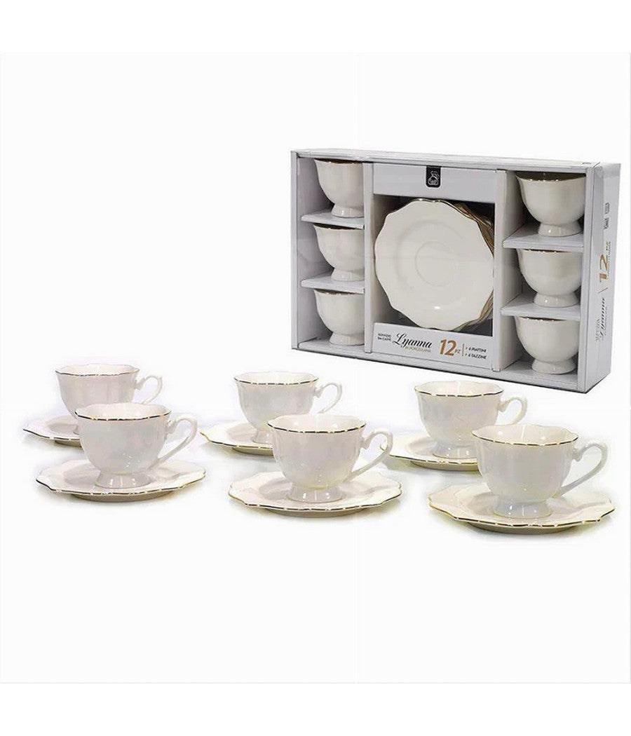 Set 12pz Servizio Da Tè O Caffè Con 6 Piattini + 6 Tazze Assortiti In Porcellana         